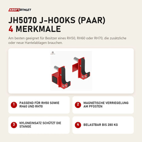 Titanium Strength JH5070 J-Hooks (Paar) mit 4 Merkmalen: Passend für RH50 sowie RH60 und RH70, Magnetische Verriegelung am Pfosten, Nyloneinsatz schützt die Stange, Belastbar bis 280 kg