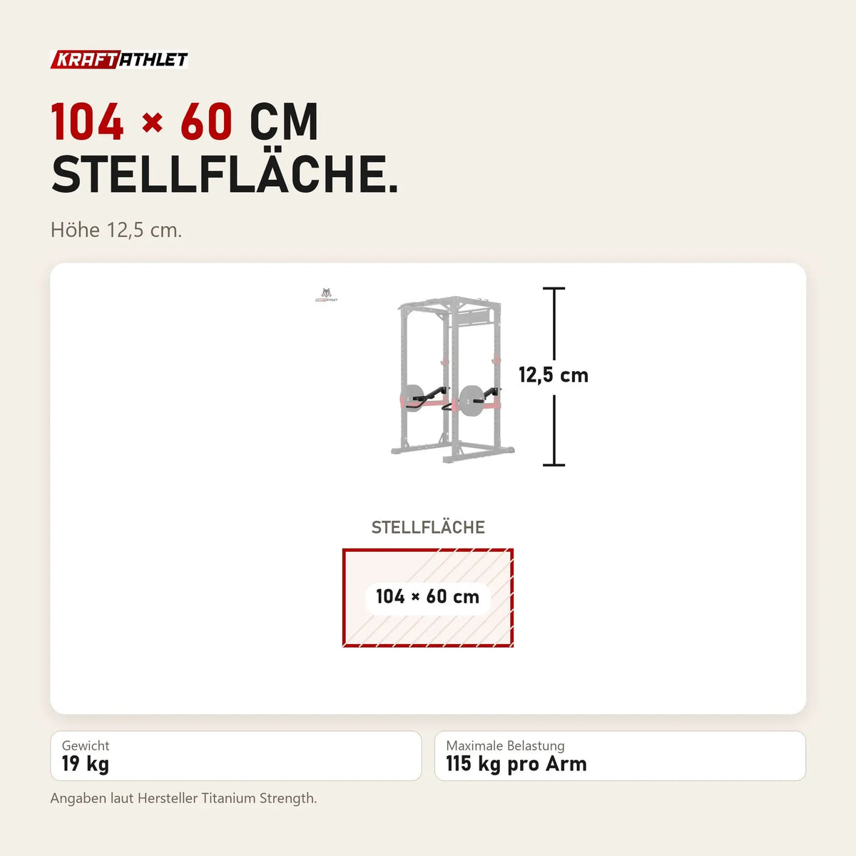Maßbild Titanium Strength JX115 Jammer Arms X Line: Stellfläche 104 × 60 cm, Höhe 12,5 cm