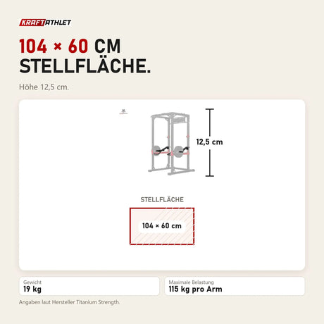 Maßbild Titanium Strength JX115 Jammer Arms X Line: Stellfläche 104 × 60 cm, Höhe 12,5 cm