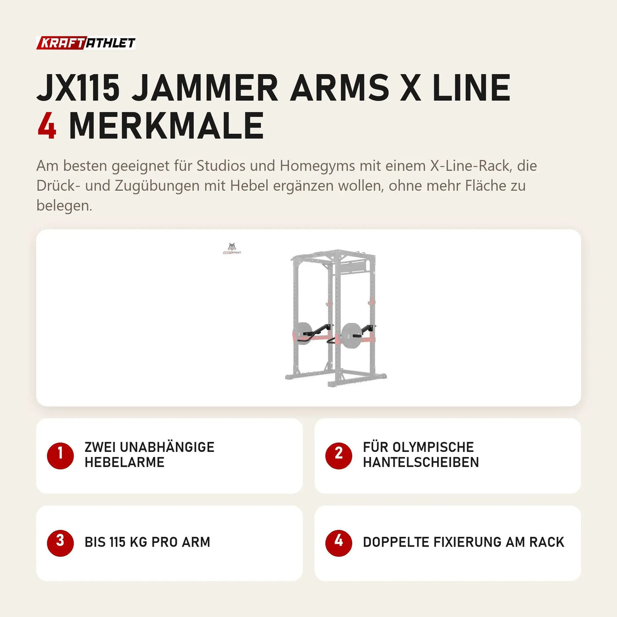 Titanium Strength JX115 Jammer Arms X Line mit 4 Merkmalen: Zwei unabhängige Hebelarme, Für olympische Hantelscheiben, Bis 115 kg pro Arm, Doppelte Fixierung am Rack