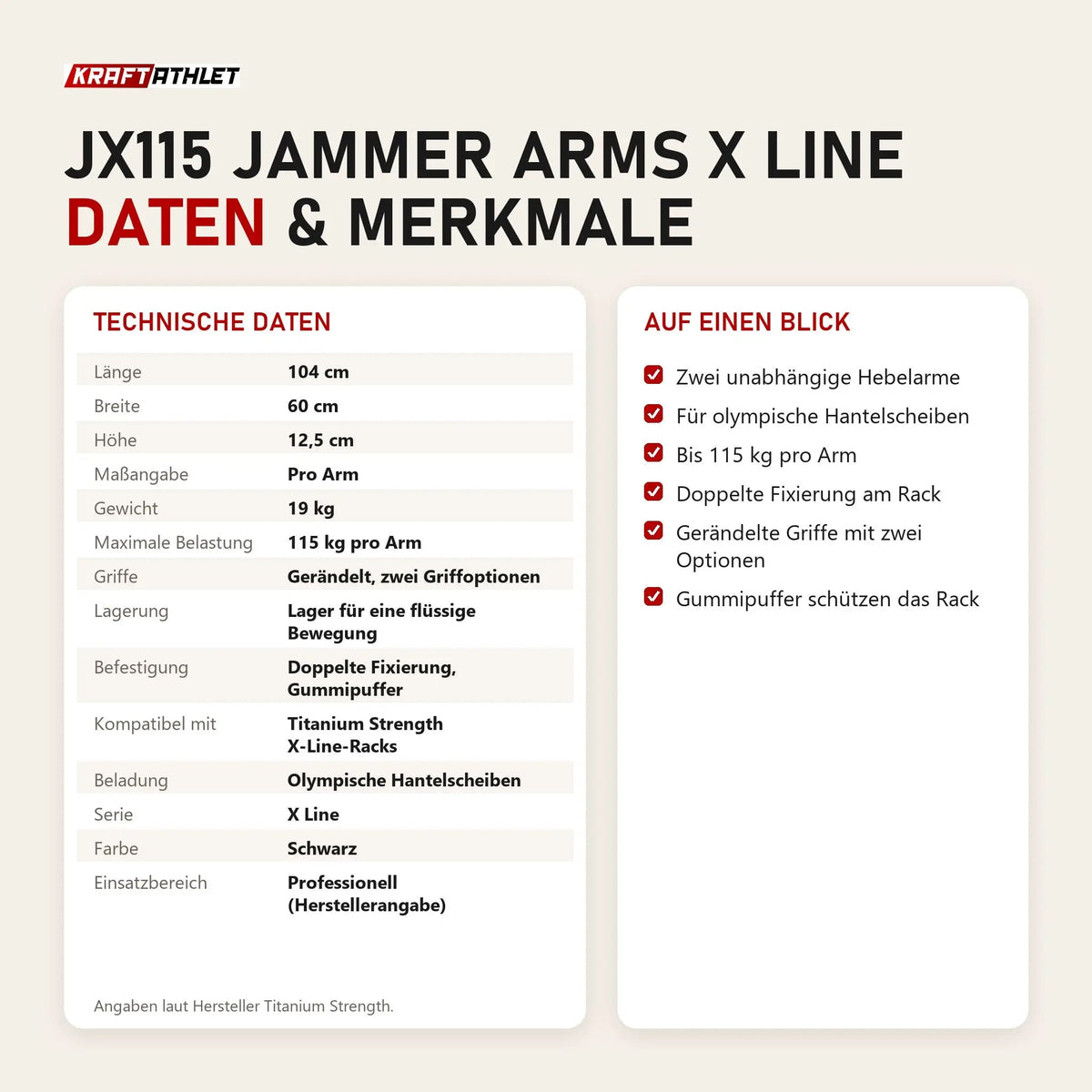 Technische Daten und Merkmale von Titanium Strength JX115 Jammer Arms X Line als Tabelle