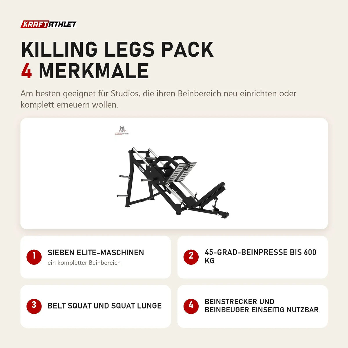 Titanium Strength Killing Legs Pack mit 4 Merkmalen: Sieben Elite-Maschinen, 45-Grad-Beinpresse bis 600 kg, Belt Squat und Squat Lunge, Beinstrecker und Beinbeuger einseitig nutzbar