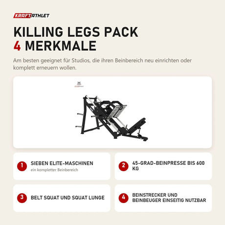 Titanium Strength Killing Legs Pack mit 4 Merkmalen: Sieben Elite-Maschinen, 45-Grad-Beinpresse bis 600 kg, Belt Squat und Squat Lunge, Beinstrecker und Beinbeuger einseitig nutzbar