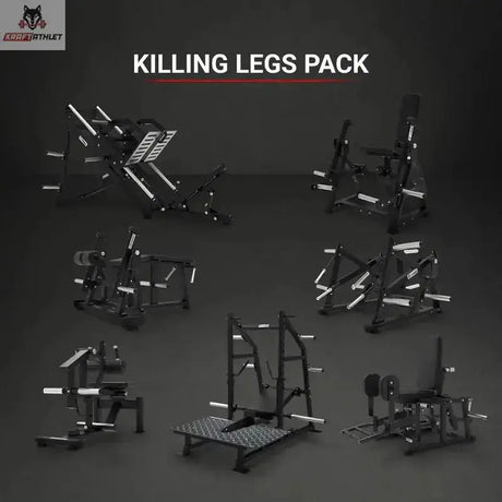 Titanium Strength Killing Legs Pack, Übersicht aller Beingeräte des Pakets vor dunklem Hintergrund