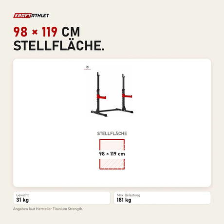 Maßbild Titanium Strength Kniebeugenständer RS20: Stellfläche 98 × 119 cm
