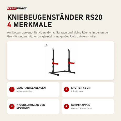 Titanium Strength Kniebeugenständer RS20 mit 4 Merkmalen: Langhantelablagen, Spotter 40 cm, Nylonschutz an den Spottern, Gummikappen