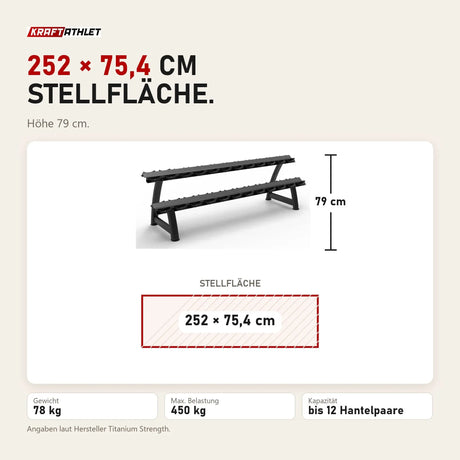 Maßbild Titanium Strength Kurzhantel-Rack mit Gummiauflagen 2 Ebenen für 12 Paare: Stellfläche 252 × 75,4 cm, Höhe 79 cm