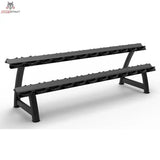 Titanium Strength Kurzhantel-Rack mit Gummiauflagen 2 Ebenen für 12 Paare: schwarzes Rack mit zwei Ablagen, Schrägansicht von links