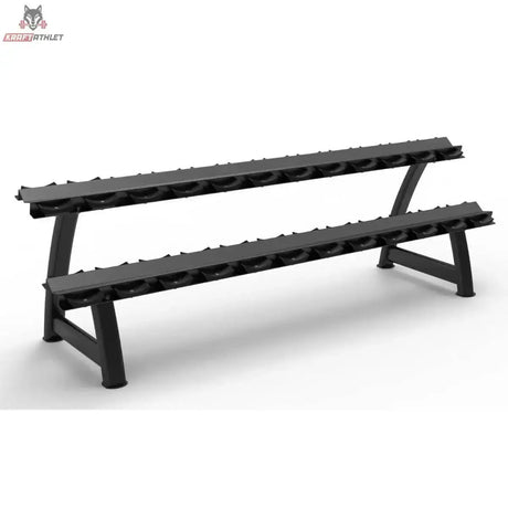 Titanium Strength Kurzhantel-Rack mit Gummiauflagen 2 Ebenen für 12 Paare: schwarzes Rack mit zwei Ablagen, Schrägansicht von links