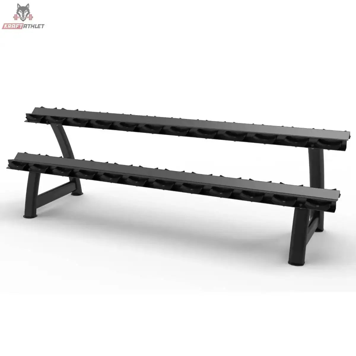 Titanium Strength Kurzhantel-Rack mit Gummiauflagen 2 Ebenen für 12 Paare: schwarzes Rack mit zwei Ablagen, Schrägansicht von rechts