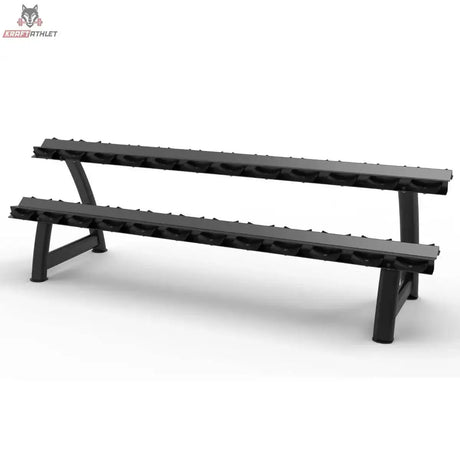 Titanium Strength Kurzhantel-Rack mit Gummiauflagen 2 Ebenen für 12 Paare: schwarzes Rack mit zwei Ablagen, Schrägansicht von rechts