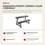 Titanium Strength Kurzhantelständer 2 Ebenen 6 Paare mit 4 Merkmalen: 2 Ebenen für bis zu 6 Hantelpaare, Gummierte Auflagen, Kapazität 360 kg, Hochfeste Stahlrohre
