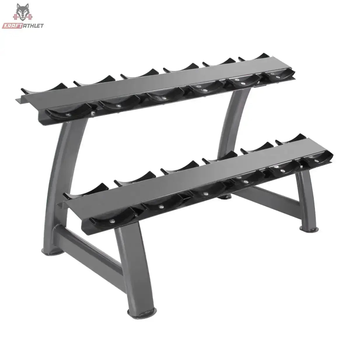 Titanium Strength Kurzhantelständer 2 Ebenen 6 Paare in der Schrägansicht mit zwei leeren Ablagen