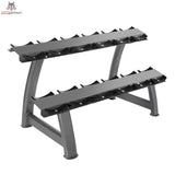 Titanium Strength Kurzhantelständer 2 Ebenen 6 Paare in der Schrägansicht mit zwei leeren Ablagen