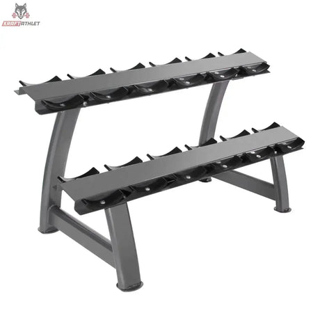 Titanium Strength Kurzhantelständer 2 Ebenen 6 Paare in der Schrägansicht mit zwei leeren Ablagen