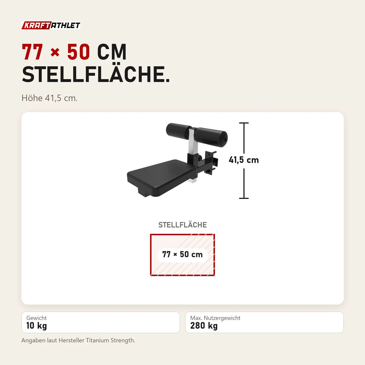 Maßbild Titanium Strength Lat-Pulldown-Sitz für B100 und B200: Stellfläche 77 × 50 cm, Höhe 41,5 cm