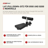 Titanium Strength Lat-Pulldown-Sitz für B100 und B200 mit 4 Merkmalen: Aufnahme wie ein J-Hook plus Sicherungsstift, Beinpolster in 6 Höhen, Montage an jeder Position der Strebe, Max. Nutzergewicht 280 kg