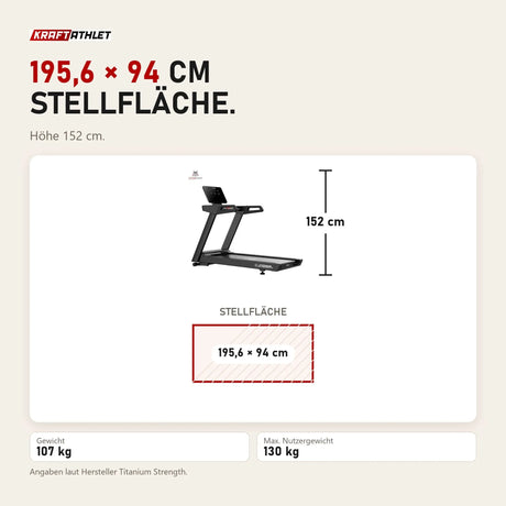 Maßbild Titanium Strength LC10 DC Laufband: Stellfläche 195,6 × 94 cm, Höhe 152 cm