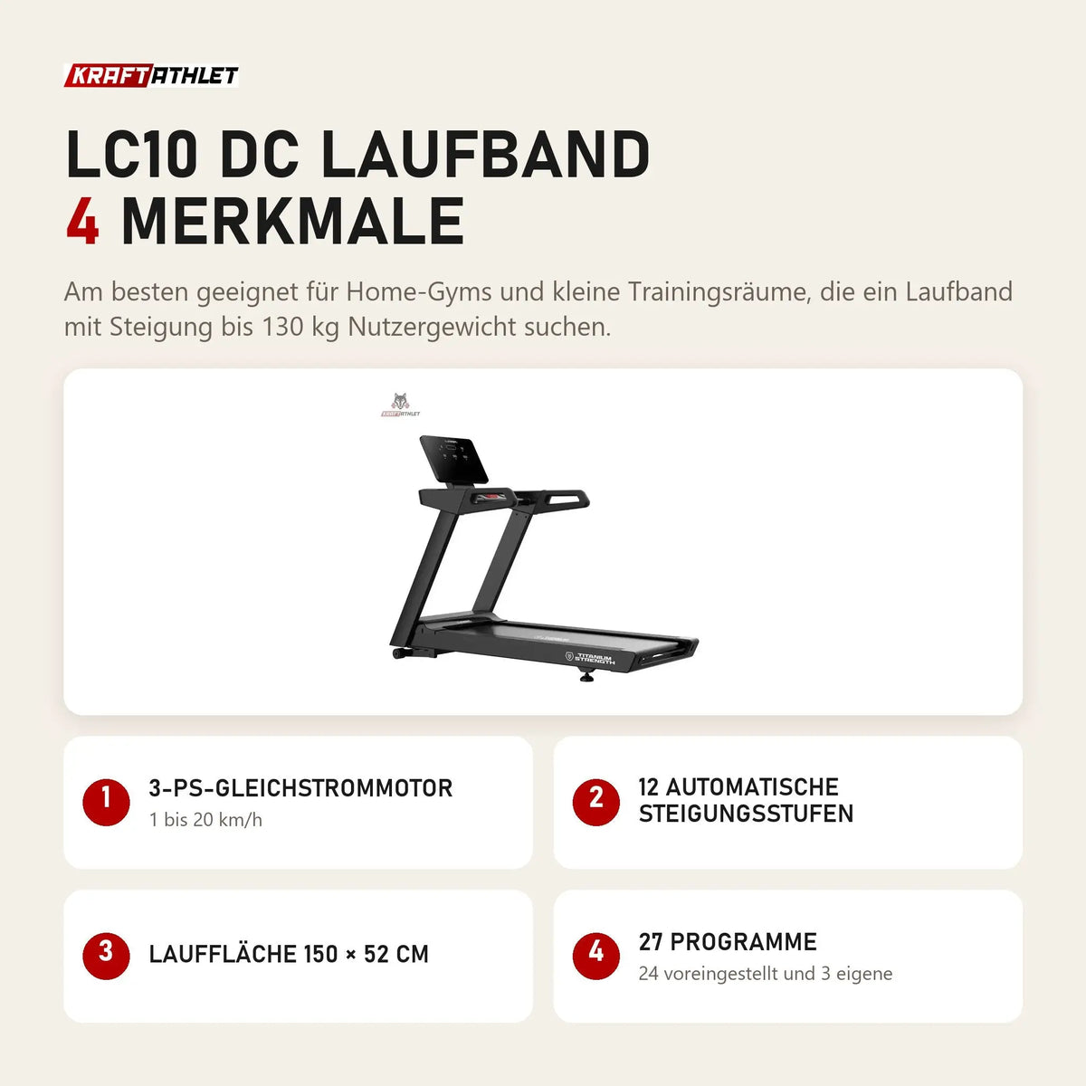 Titanium Strength LC10 DC Laufband mit 4 Merkmalen: 3-PS-Gleichstrommotor, 12 automatische Steigungsstufen, Lauffläche 150 × 52 cm, 27 Programme