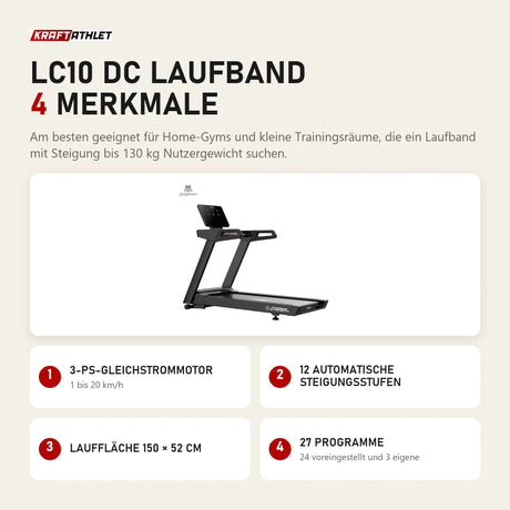Titanium Strength LC10 DC Laufband mit 4 Merkmalen: 3-PS-Gleichstrommotor, 12 automatische Steigungsstufen, Lauffläche 150 × 52 cm, 27 Programme
