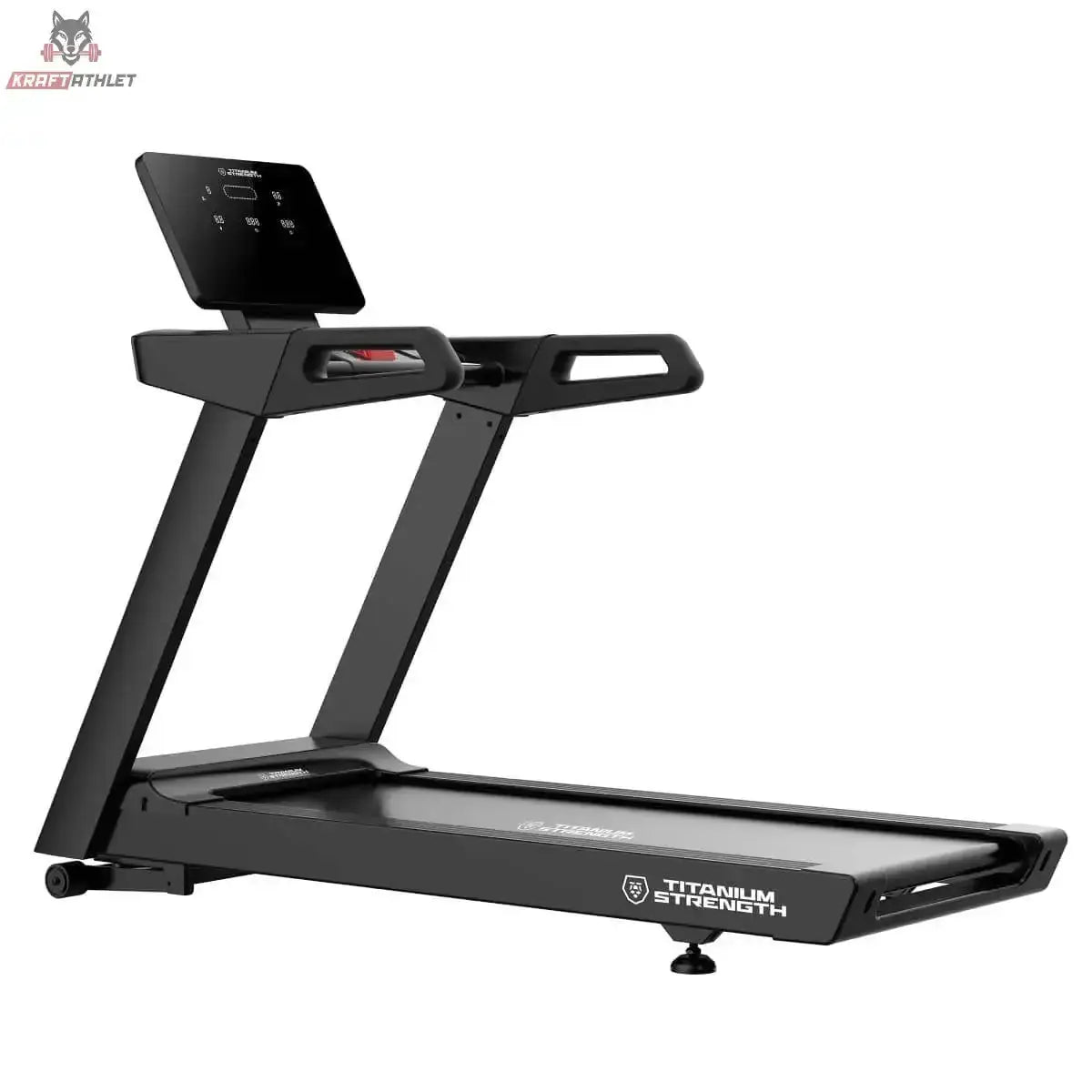 Titanium Strength LC10 DC Laufband – Schrägansicht von vorn mit Konsole und Handläufen
