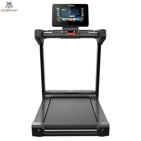 Titanium Strength LC20 AC Laufband mit 15,6-Zoll-Touchscreen in Schwarz, Frontansicht mit eingeschaltetem Display