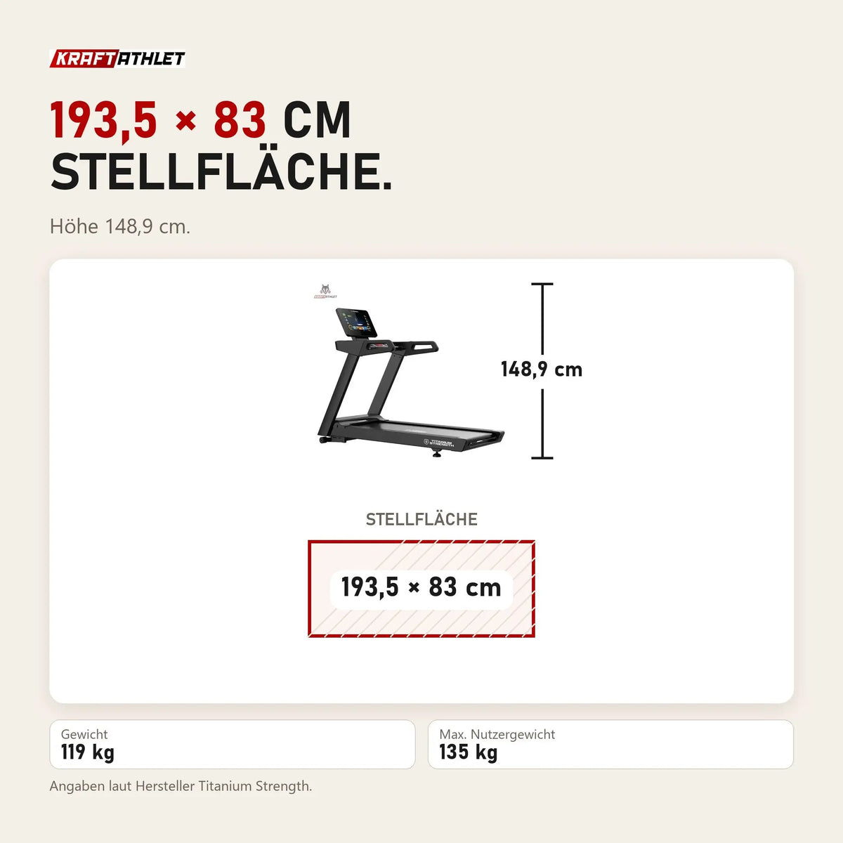 Maßbild Titanium Strength LC20 AC Laufband mit 15,6-Zoll-Touchscreen: Stellfläche 193,5 × 83 cm, Höhe 148,9 cm