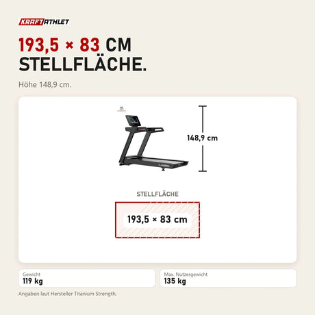 Maßbild Titanium Strength LC20 AC Laufband mit 15,6-Zoll-Touchscreen: Stellfläche 193,5 × 83 cm, Höhe 148,9 cm