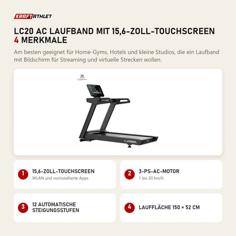 Titanium Strength LC20 AC Laufband mit 15,6-Zoll-Touchscreen mit 4 Merkmalen: 15,6-Zoll-Touchscreen, 3-PS-AC-Motor, 12 automatische Steigungsstufen, Lauffläche 150 × 52 cm