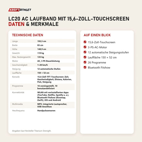 Technische Daten und Merkmale von Titanium Strength LC20 AC Laufband mit 15,6-Zoll-Touchscreen als Tabelle