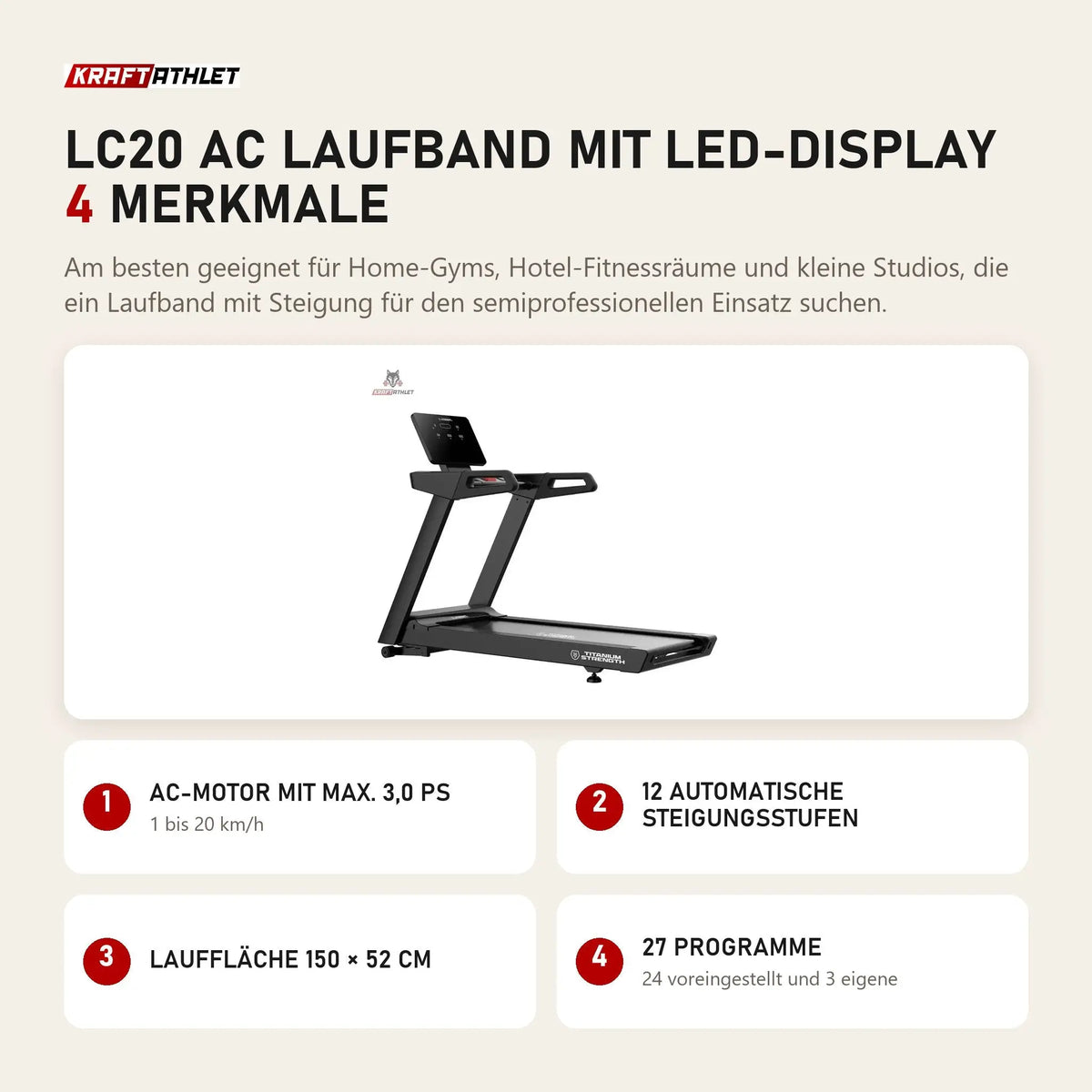 Titanium Strength LC20 AC Laufband mit LED-Display mit 4 Merkmalen: AC-Motor mit max. 3,0 PS, 12 automatische Steigungsstufen, Lauffläche 150 × 52 cm, 27 Programme