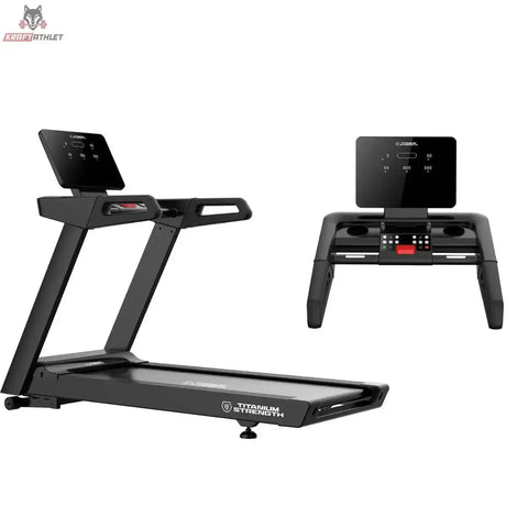 Titanium Strength LC20 AC Laufband mit LED-Display in Seitenansicht und Detail der Konsole mit Bedientasten