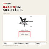 Maßbild Titanium Strength LE23 FID-Hantelbank mit Scott-Curl-Pult und Beinmodul: Stellfläche 144,6 × 70 cm, Höhe 119 cm