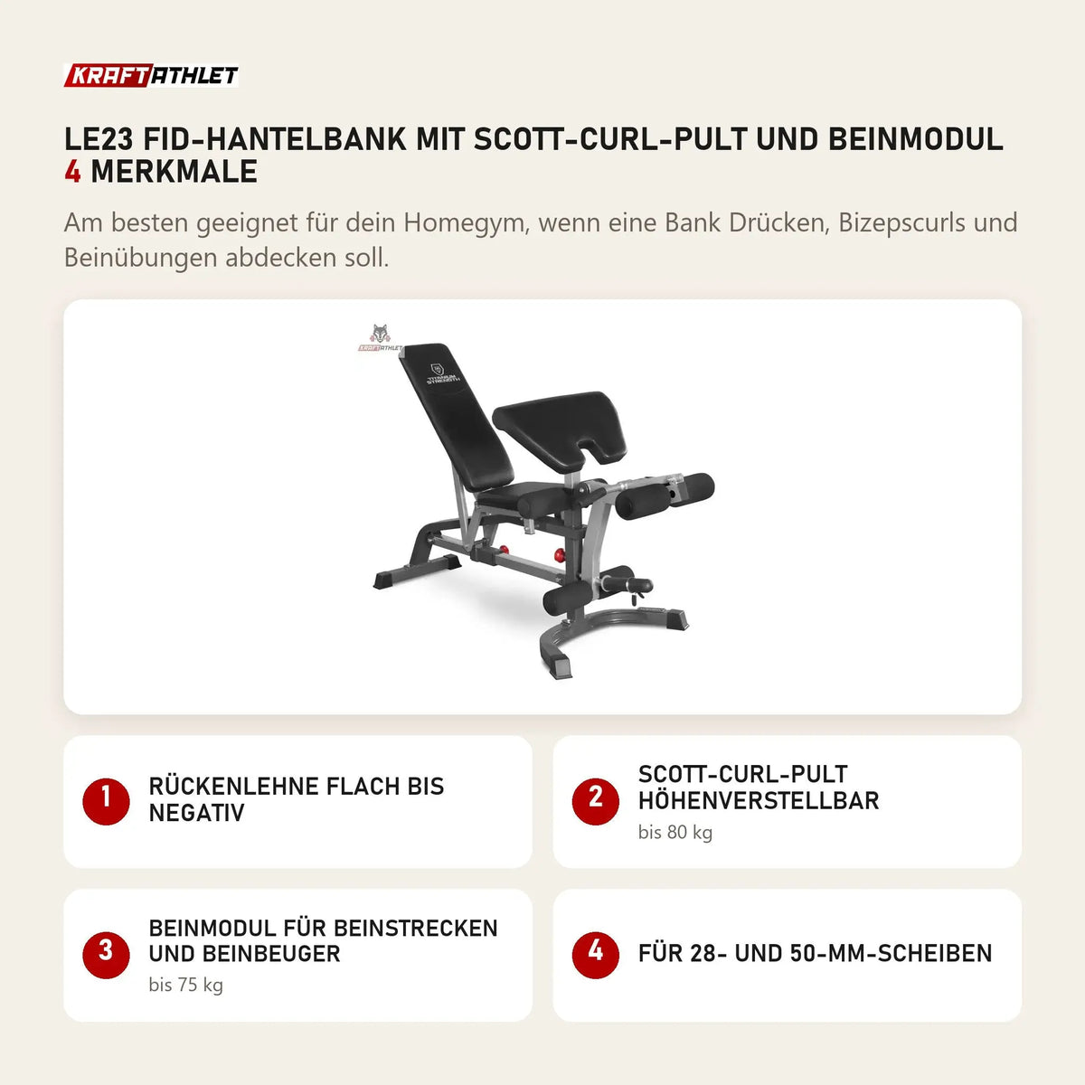 Titanium Strength LE23 FID-Hantelbank mit Scott-Curl-Pult und Beinmodul mit 4 Merkmalen: Rückenlehne flach bis negativ, Scott-Curl-Pult höhenverstellbar, Beinmodul für Beinstrecken und Beinbeuger, Für 28- und 50-mm-Scheiben