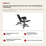 Titanium Strength LE23 FID-Hantelbank mit Scott-Curl-Pult und Beinmodul mit 4 Merkmalen: Rückenlehne flach bis negativ, Scott-Curl-Pult höhenverstellbar, Beinmodul für Beinstrecken und Beinbeuger, Für 28- und 50-mm-Scheiben