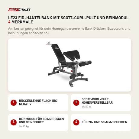 Titanium Strength LE23 FID-Hantelbank mit Scott-Curl-Pult und Beinmodul mit 4 Merkmalen: Rückenlehne flach bis negativ, Scott-Curl-Pult höhenverstellbar, Beinmodul für Beinstrecken und Beinbeuger, Für 28- und 50-mm-Scheiben