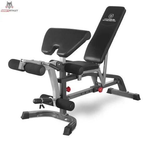 Titanium Strength LE23 FID-Hantelbank mit Scott-Curl-Pult und Beinmodul in der Schrägansicht von rechts
