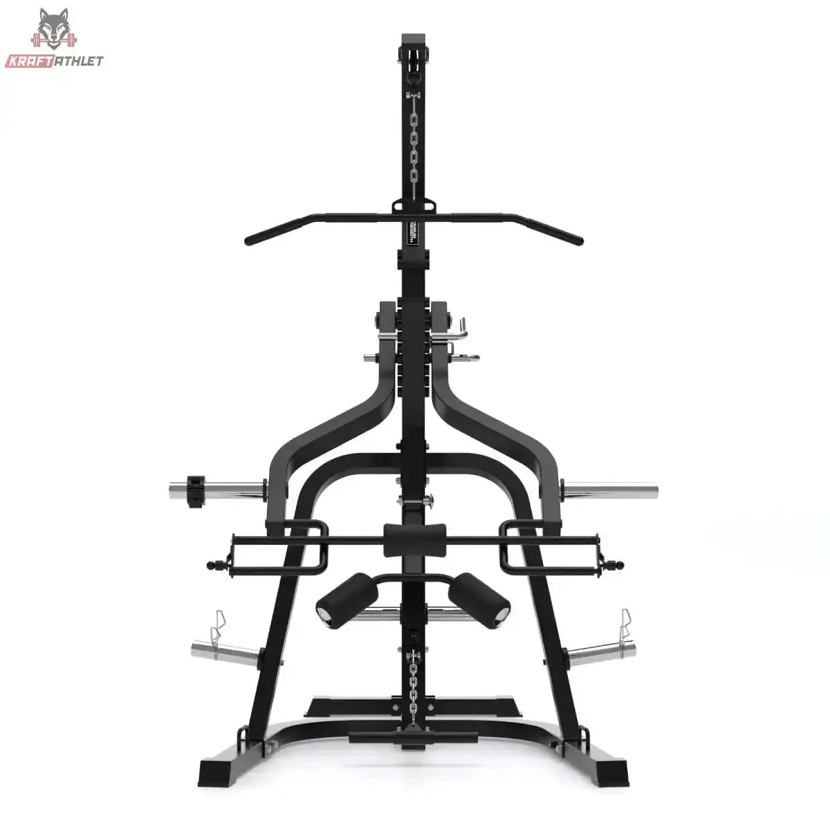 Titanium Strength LGS Multigym Doppelhebel + Seilzugtrainer in der Frontansicht mit Latzugstange, Hebelarmen und Scheibenablagen