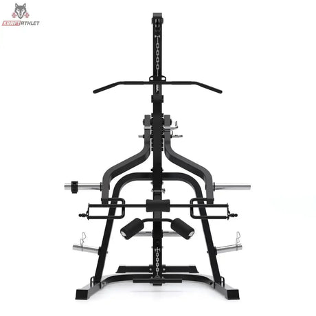Titanium Strength LGS Multigym Doppelhebel + Seilzugtrainer in der Frontansicht mit Latzugstange, Hebelarmen und Scheibenablagen