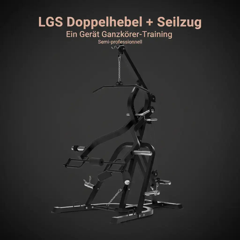 Titanium Strength LGS Multigym Doppelhebel + Seilzugtrainer als Infografik zum Ganzkörper-Training mit Doppelhebel und Seilzug
