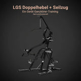 Titanium Strength LGS Multigym Doppelhebel + Seilzugtrainer als Infografik zum Ganzkörper-Training mit Doppelhebel und Seilzug
