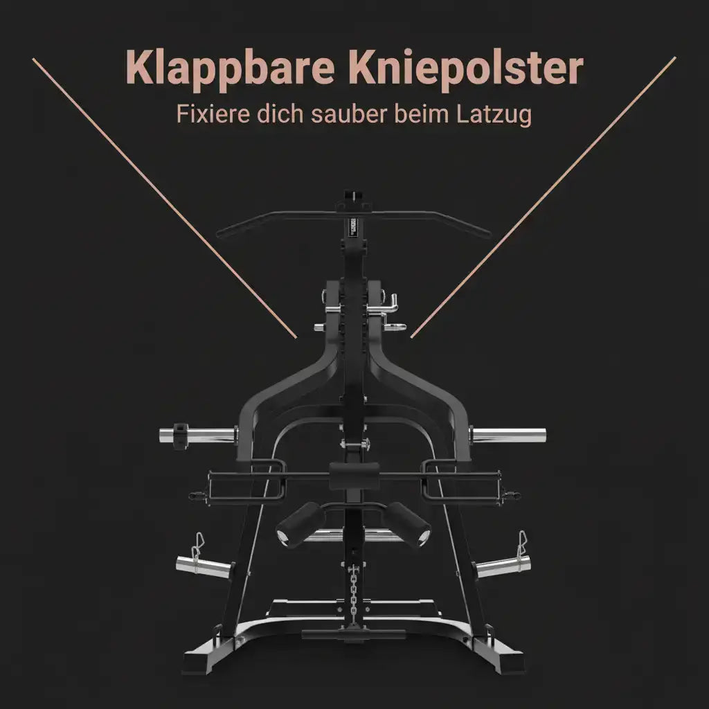 Titanium Strength LGS Multigym Doppelhebel + Seilzugtrainer als Infografik zu den klappbaren Kniepolstern beim Latzug