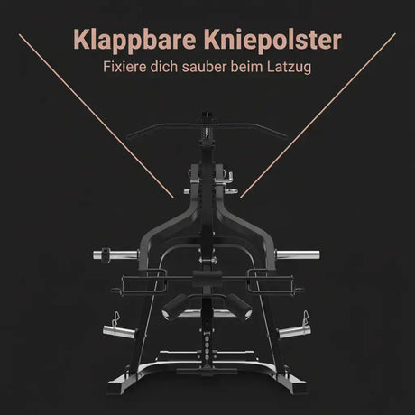 Titanium Strength LGS Multigym Doppelhebel + Seilzugtrainer als Infografik zu den klappbaren Kniepolstern beim Latzug