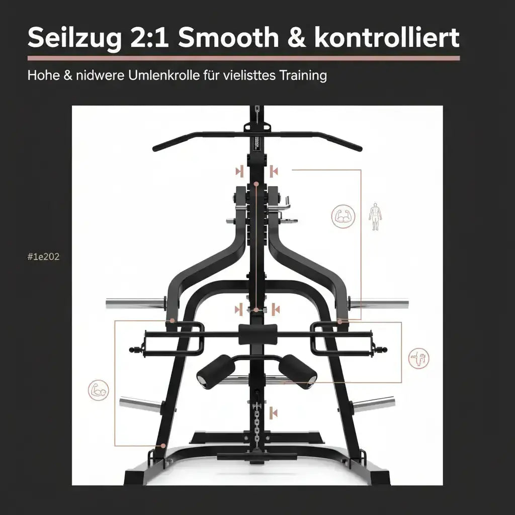 Titanium Strength LGS Multigym Doppelhebel + Seilzugtrainer als Infografik zur Umlenkrolle für vielseitiges Training