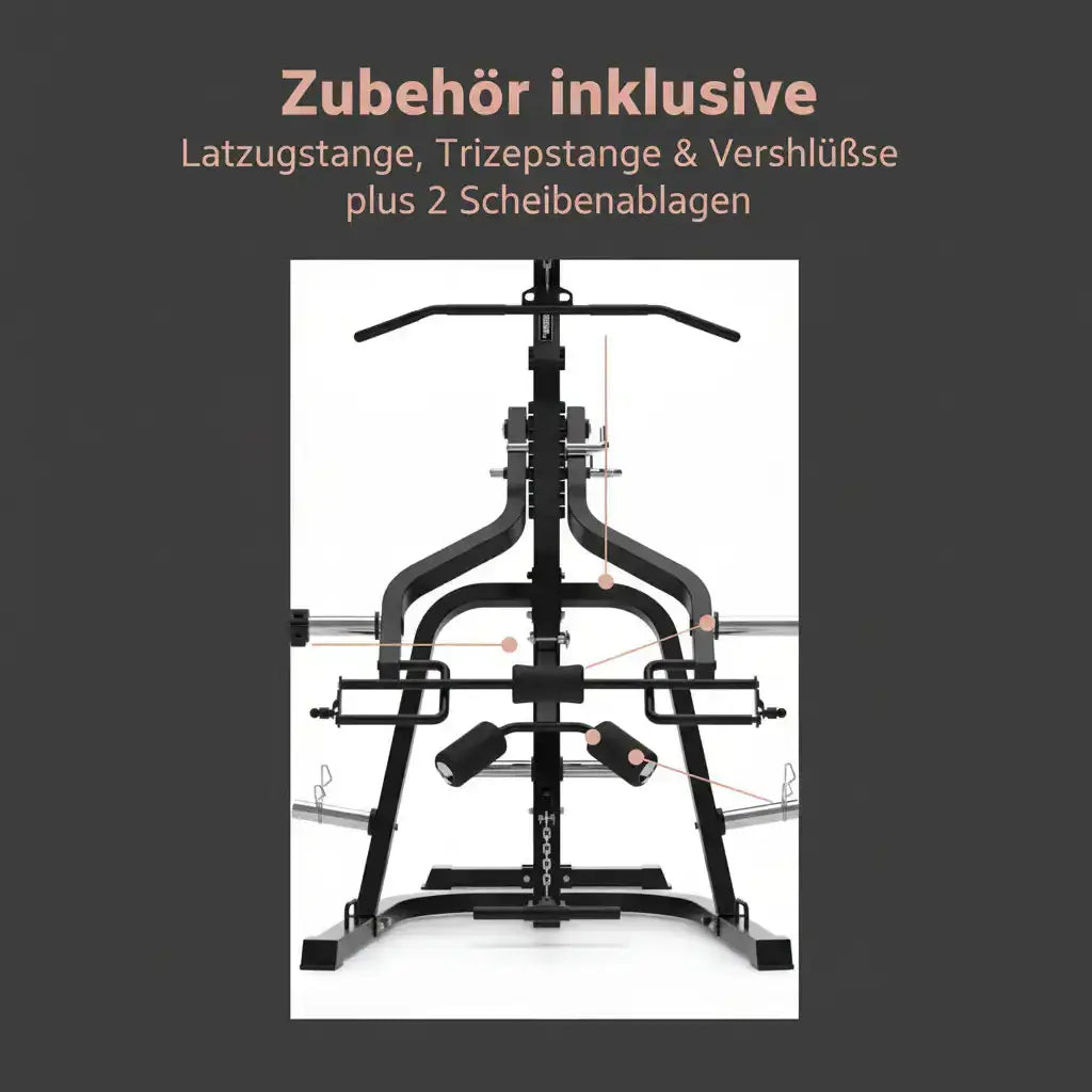 Titanium Strength LGS Multigym Doppelhebel + Seilzugtrainer als Infografik zum mitgelieferten Zubehör mit Stangen und Ablagen