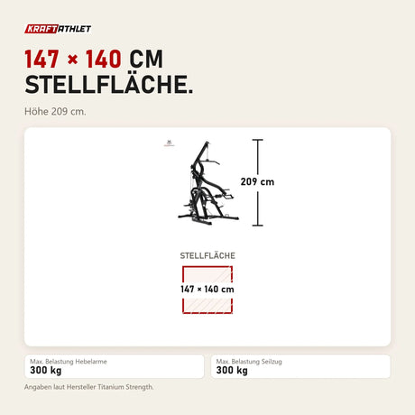 Maßbild Titanium Strength LGS Multigym Doppelhebel + Seilzugtrainer: Stellfläche 147 × 140 cm, Höhe 209 cm