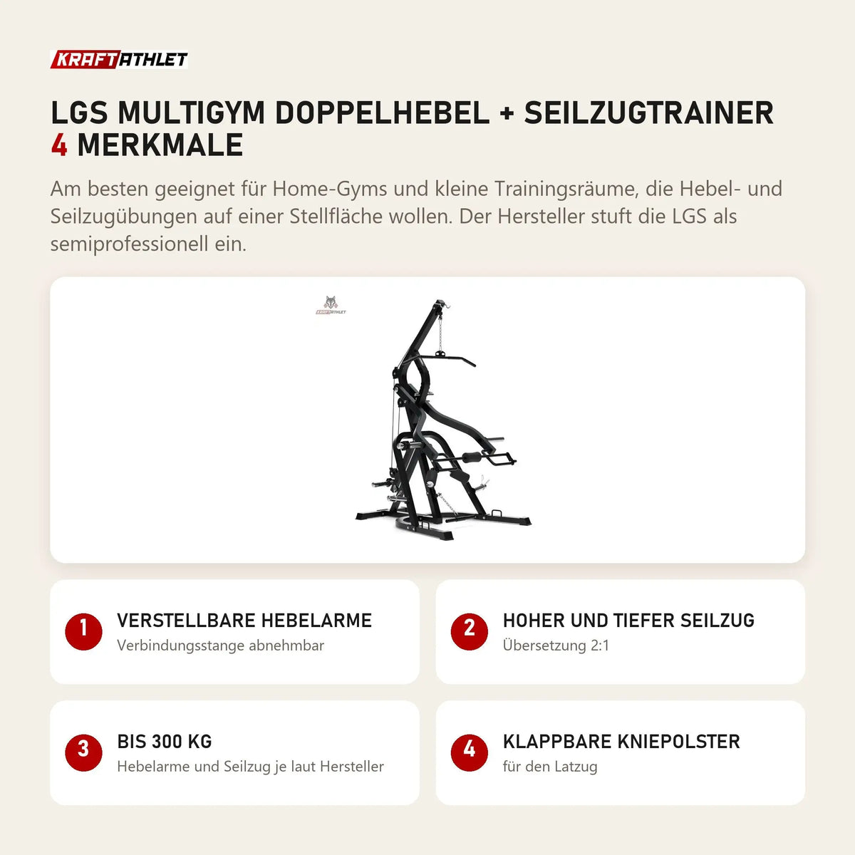 Titanium Strength LGS Multigym Doppelhebel + Seilzugtrainer mit 4 Merkmalen: Verstellbare Hebelarme, Hoher und tiefer Seilzug, Bis 300 kg, Klappbare Kniepolster