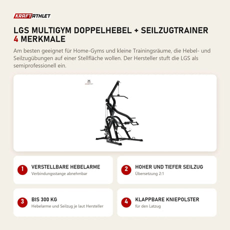 Titanium Strength LGS Multigym Doppelhebel + Seilzugtrainer mit 4 Merkmalen: Verstellbare Hebelarme, Hoher und tiefer Seilzug, Bis 300 kg, Klappbare Kniepolster