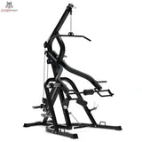 Titanium Strength LGS Multigym Doppelhebel + Seilzugtrainer in der Seitenansicht links mit Latzugturm und Hebelarmen