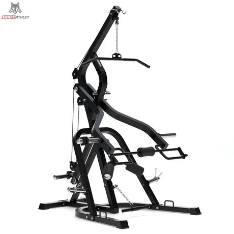 Titanium Strength LGS Multigym Doppelhebel + Seilzugtrainer in der Seitenansicht links mit Latzugturm und Hebelarmen
